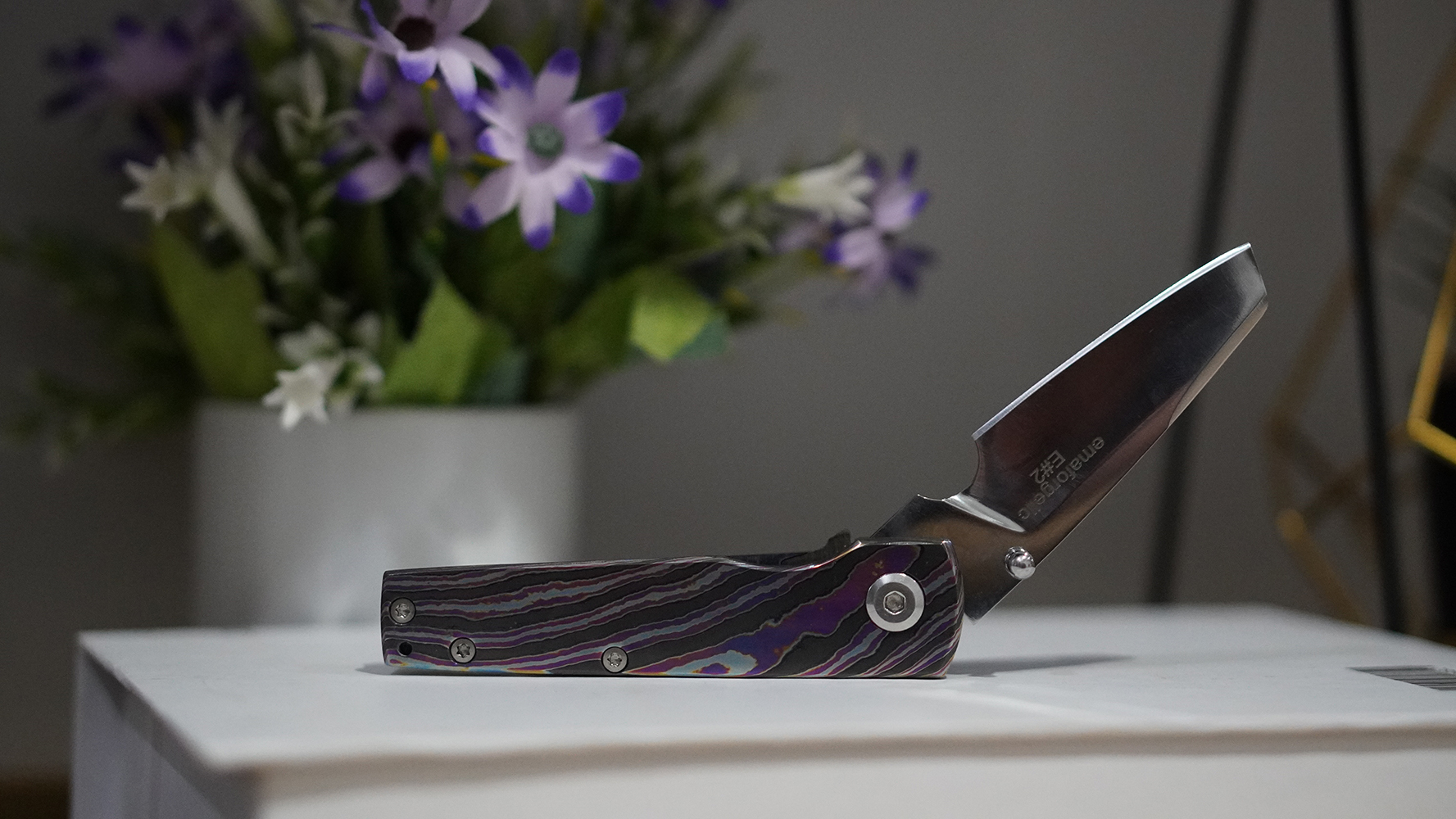 Black Timascus Folding Knife D2 Tanto Blade - Image 2