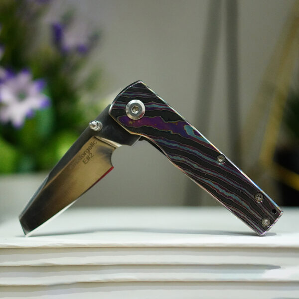 Black Timascus Folding Knife D2 Tanto Blade