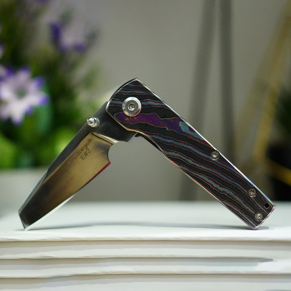 Black Timascus Folding Knife D2 Tanto Blade