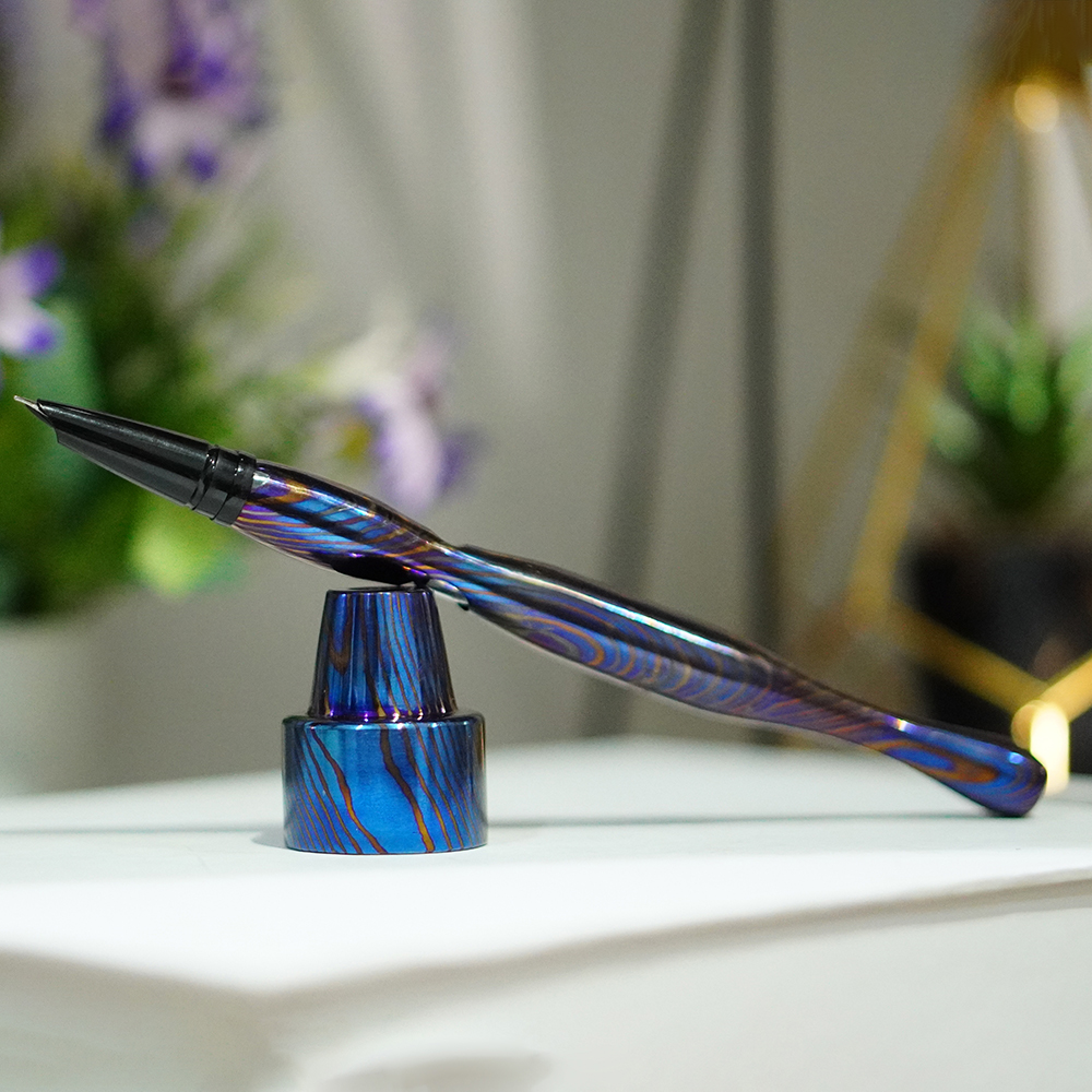 Black Timascus Ink Pen with Matching Timascus Stand