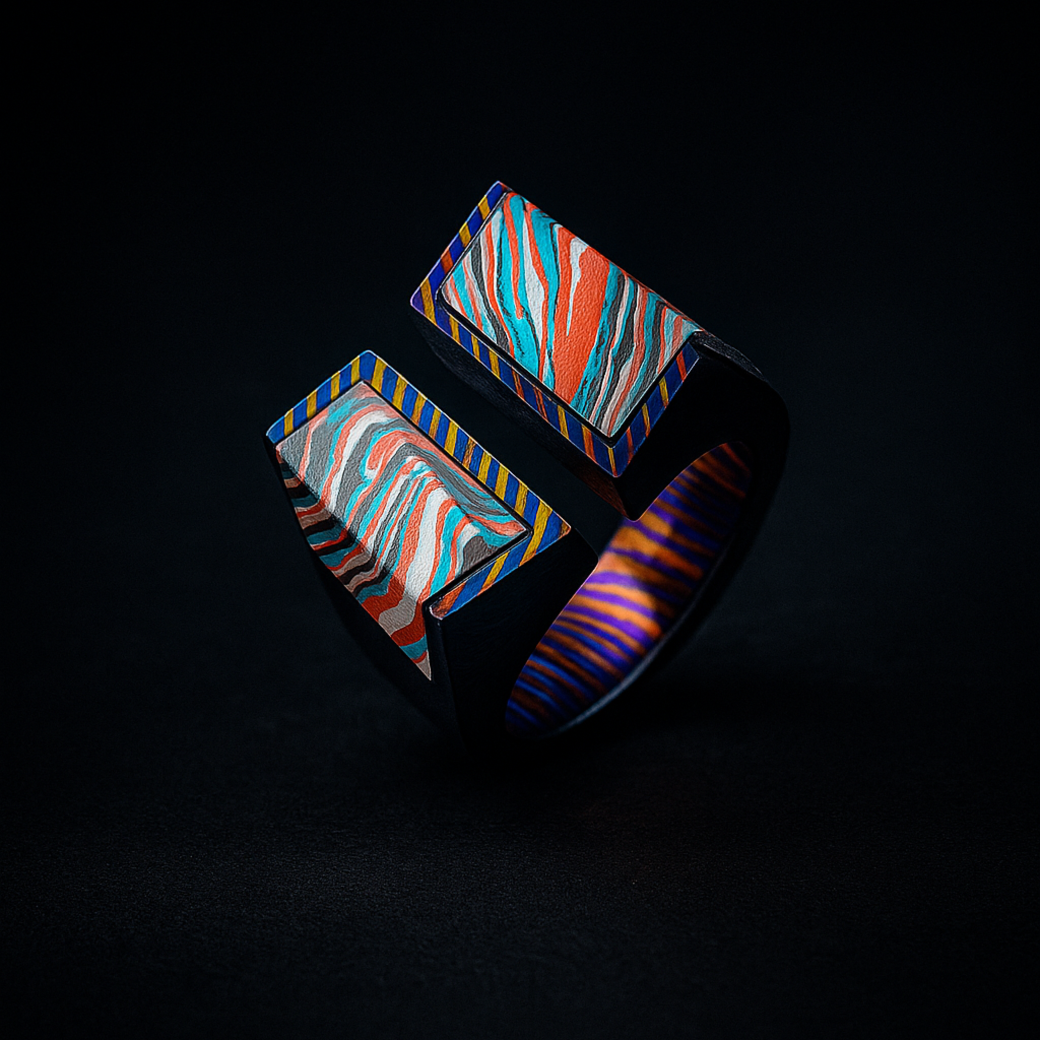 Unisex Timascus CNC-Milled Signet Ring with Rare Fordite Inlay