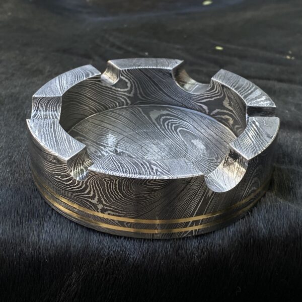 Hand-Forged Damascus Steel Ashtray with Brass Inlays